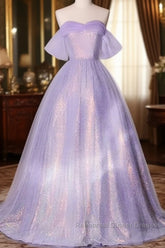 A Charming Sequin Lavender A-Line Sheer Strapless Dance Dress, Lavender Princess Off The Shoulder Sleeveless Sheer Evening Dress